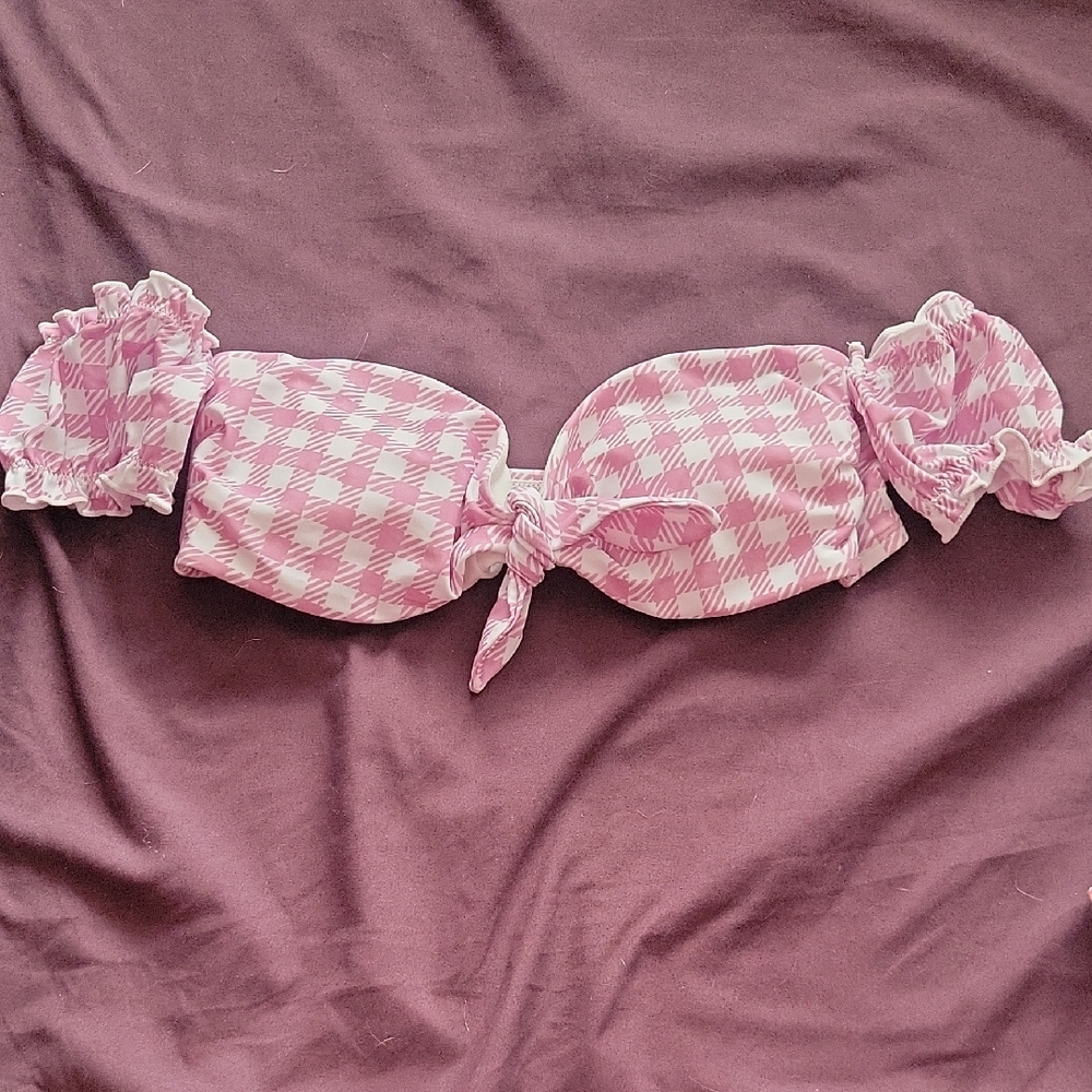 Pink Houndstooth Off-Shoulder Bikini Top